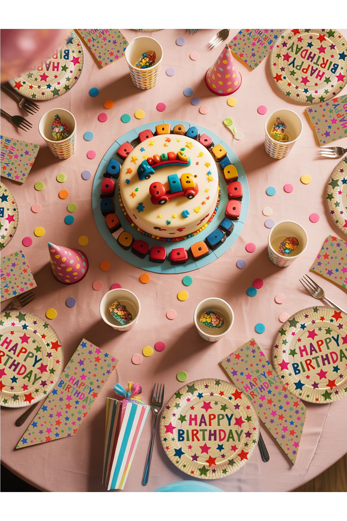 Kikajoy Doğum Günü Parti Seti – Kraft Stars Happy Birthday | Tabak, Bardak, Peçete (Toplam 32 Parça)