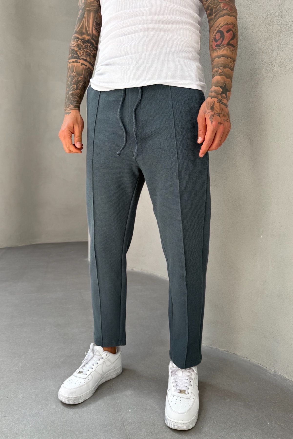 MADZEYMODA Waffle Kumaş Çima Detaylı Boyfriend Erkek Petrol Rengi Jogger Pantolon Mz5036
