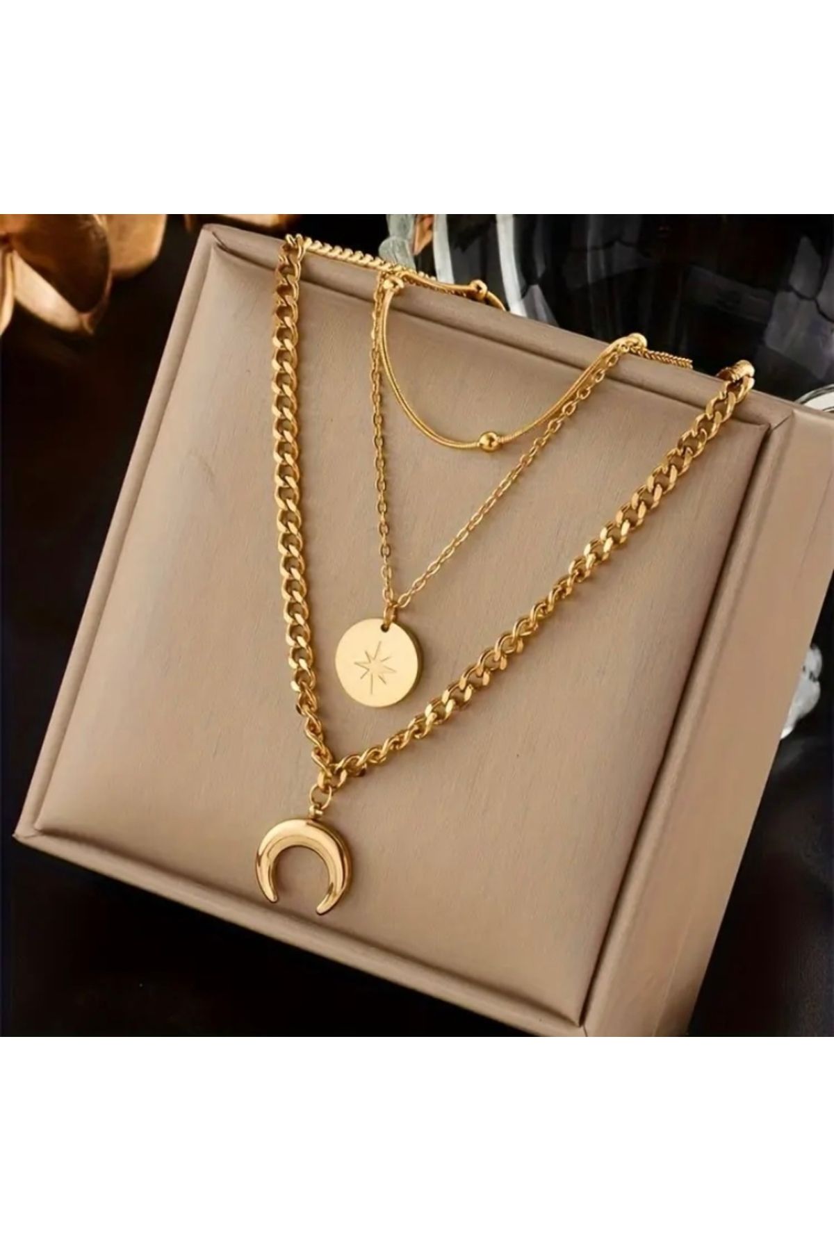 Accessories Vanilla Avenue 3 Parça Altın Sarısı Parlak Ay Zincir Görünüm Günlük Kullanım Kadın Kolye Seti