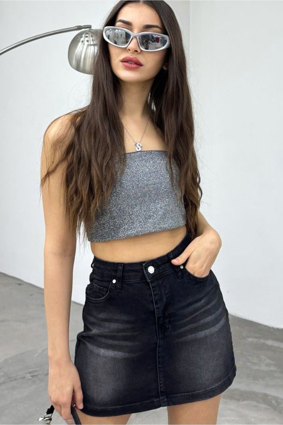 MissThetis Eskitmeli Soluk Yıkamalı Efektli Fermuarlı 5 Cepli Yüksek Bel Kısa Mini Boy Şık Cool Denim Kot Etek