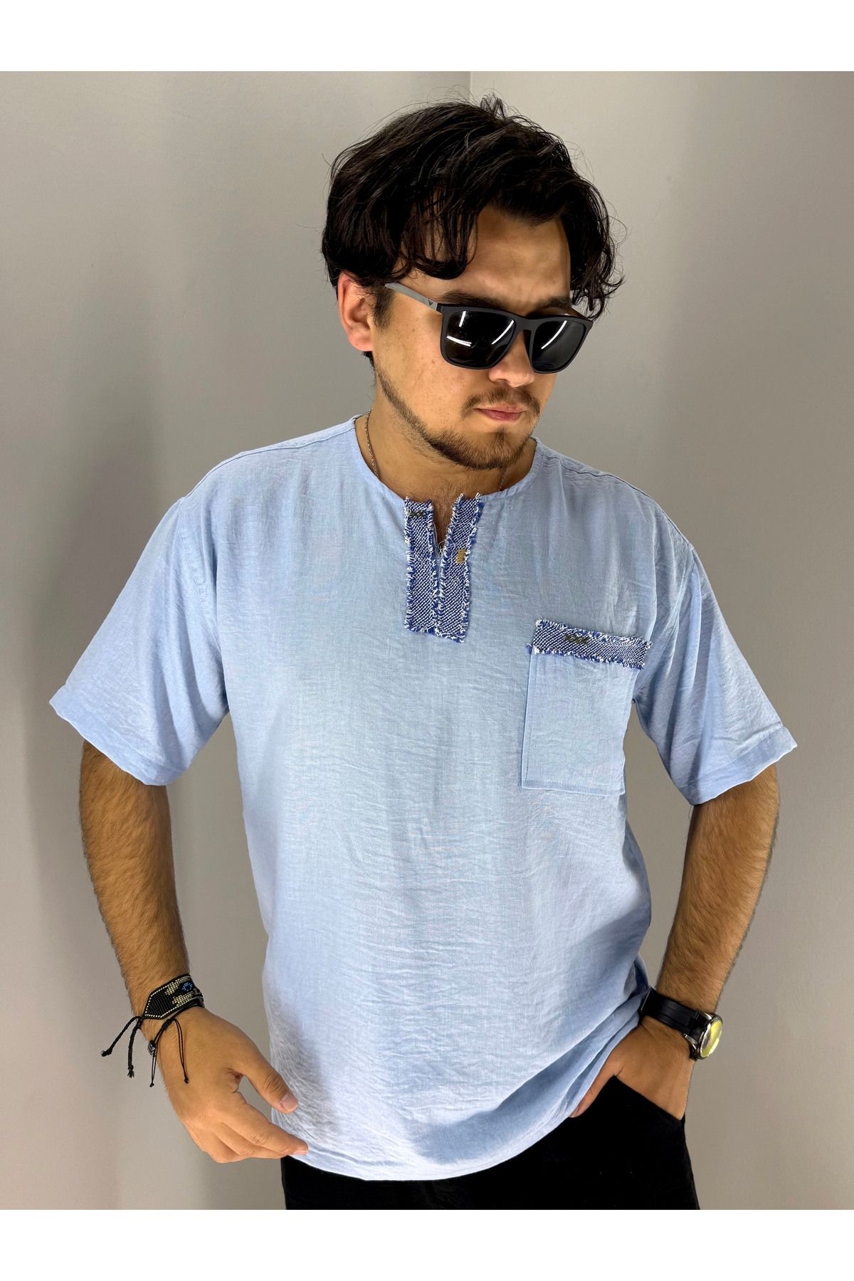 MARESHAL KOPYA - El İşi Yaka ve Cep Pis Dikiş Oversize T-Shirt (Mavi)