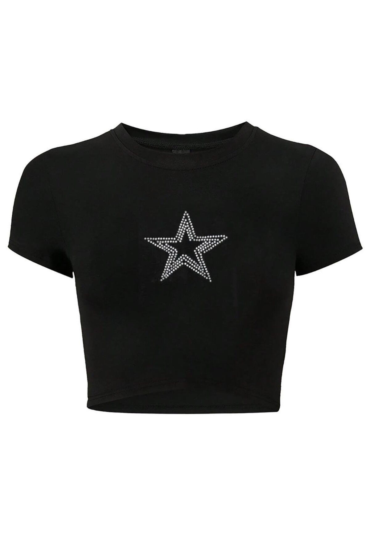 BRZ COLLECTION Kadın Star Kristal Taş Baskılı Crop T-shirt Siyah