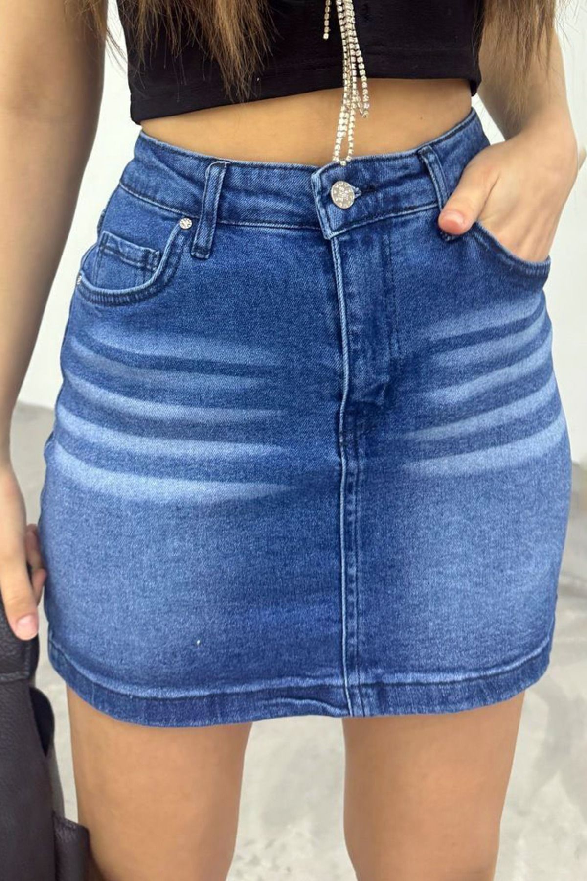 MissThetis Eskitmeli Soluk Yıkamalı Efektli Fermuarlı 5 Cepli Yüksek Bel Kısa Mini Boy Şık Cool Denim Kot Etek