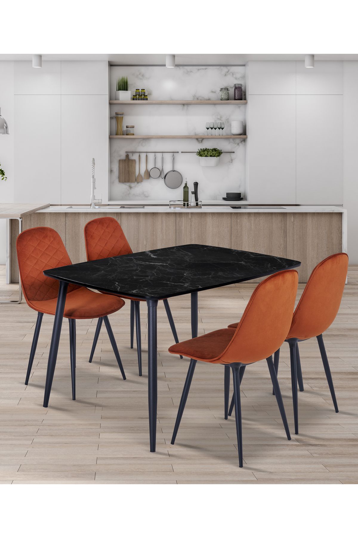 Estelia Truva Sandalye Truva Ahşap Mdf Mutfak Masası Takımı - 90x120 Cm Siyah Metal Ayaklı
