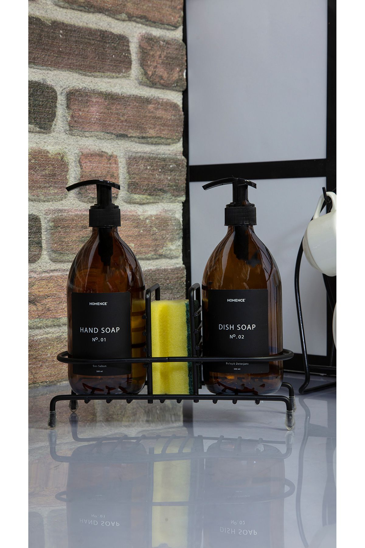 homence Tel Standlı Sıvı Sabun Bulaşık Deterjanı Siyah Etiketli Amber Cam Sabunluk - 500 ml