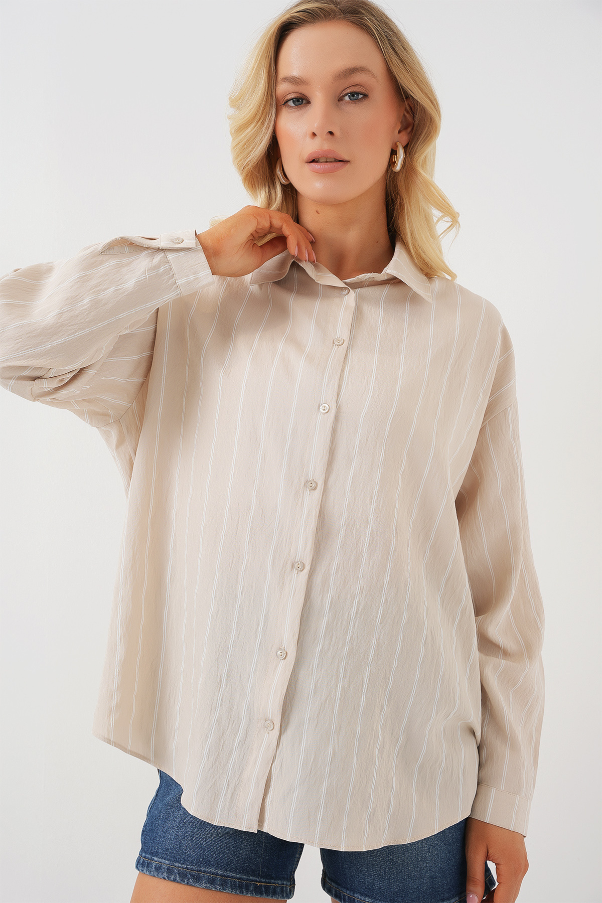 Bigdart-Women's Striped Oversize Shirt 20293 - Cream 4