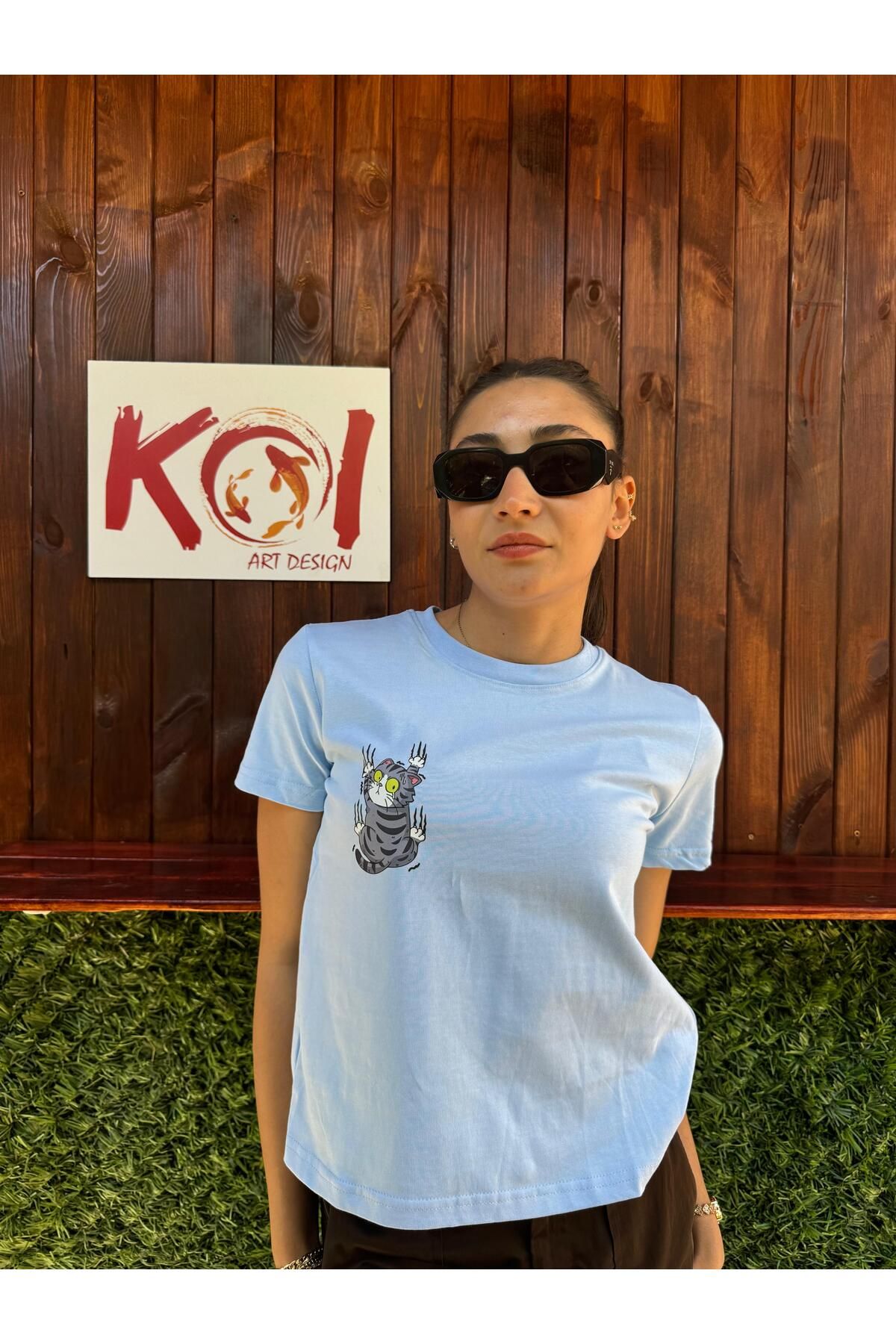 Butik cat love fun/ Kadın mavi Renk T-Shirt