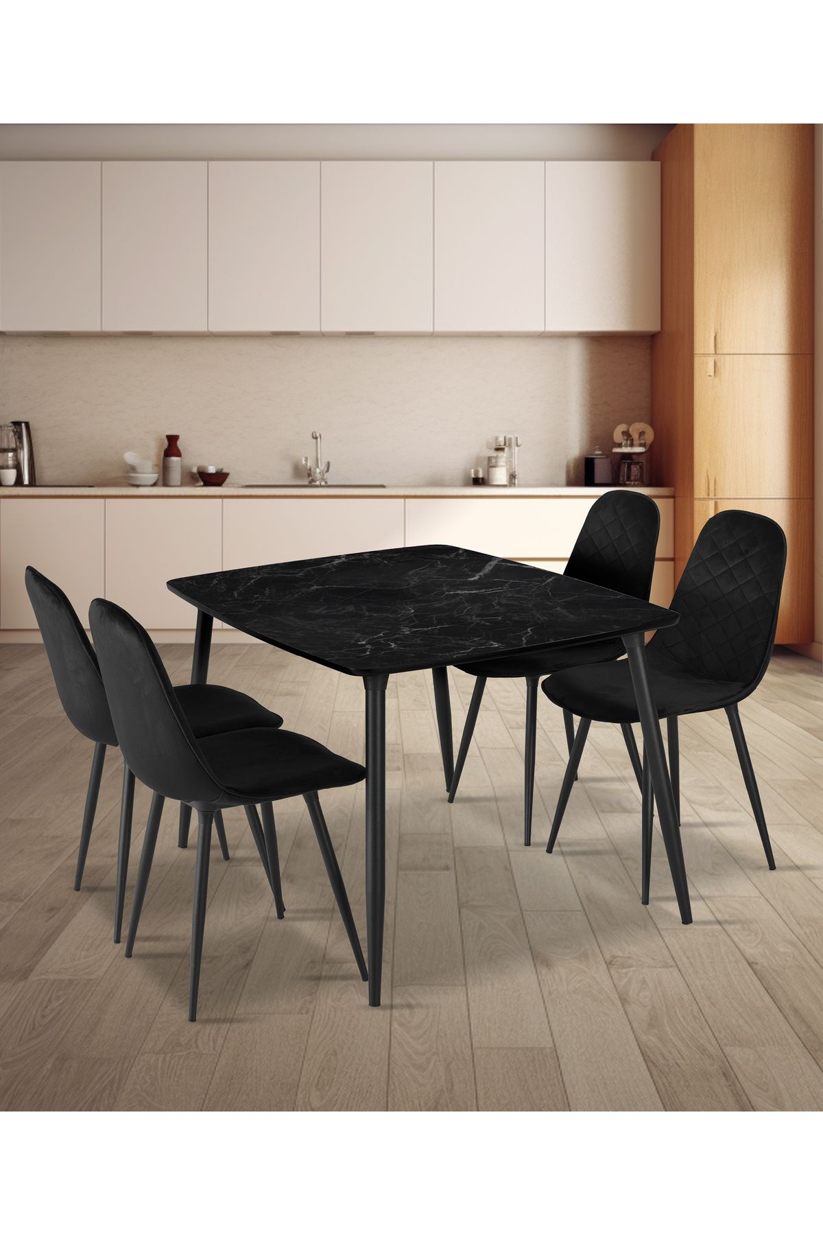 Estelia Truva Sandalye Truva Ahşap Mdf Mutfak Masası Takımı - 90x120 Cm Siyah Metal Ayaklı