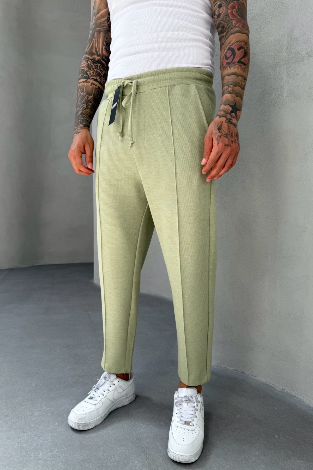 MADZEYMODA Waffle Kumaş Çima Detaylı Boyfriend Erkek Yeşil Jogger Pantolon Mz5036