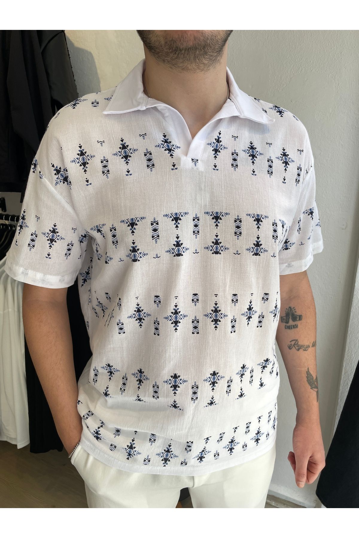 PLUS MAN Erkek Desenli Oversize Keten Polo Yaka Tişört