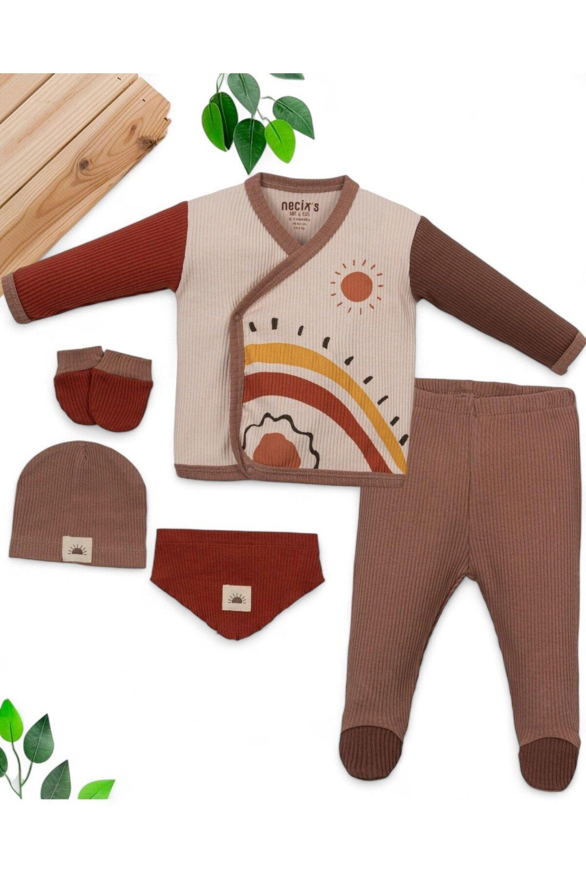voyyo kids baby ERKEK BEBEK FİTİLLİ GÖKKUŞAĞI BASKILI MEVSİMLİK 5 PARÇA HASTANE ÇIKIŞI ZIBIN SETİ