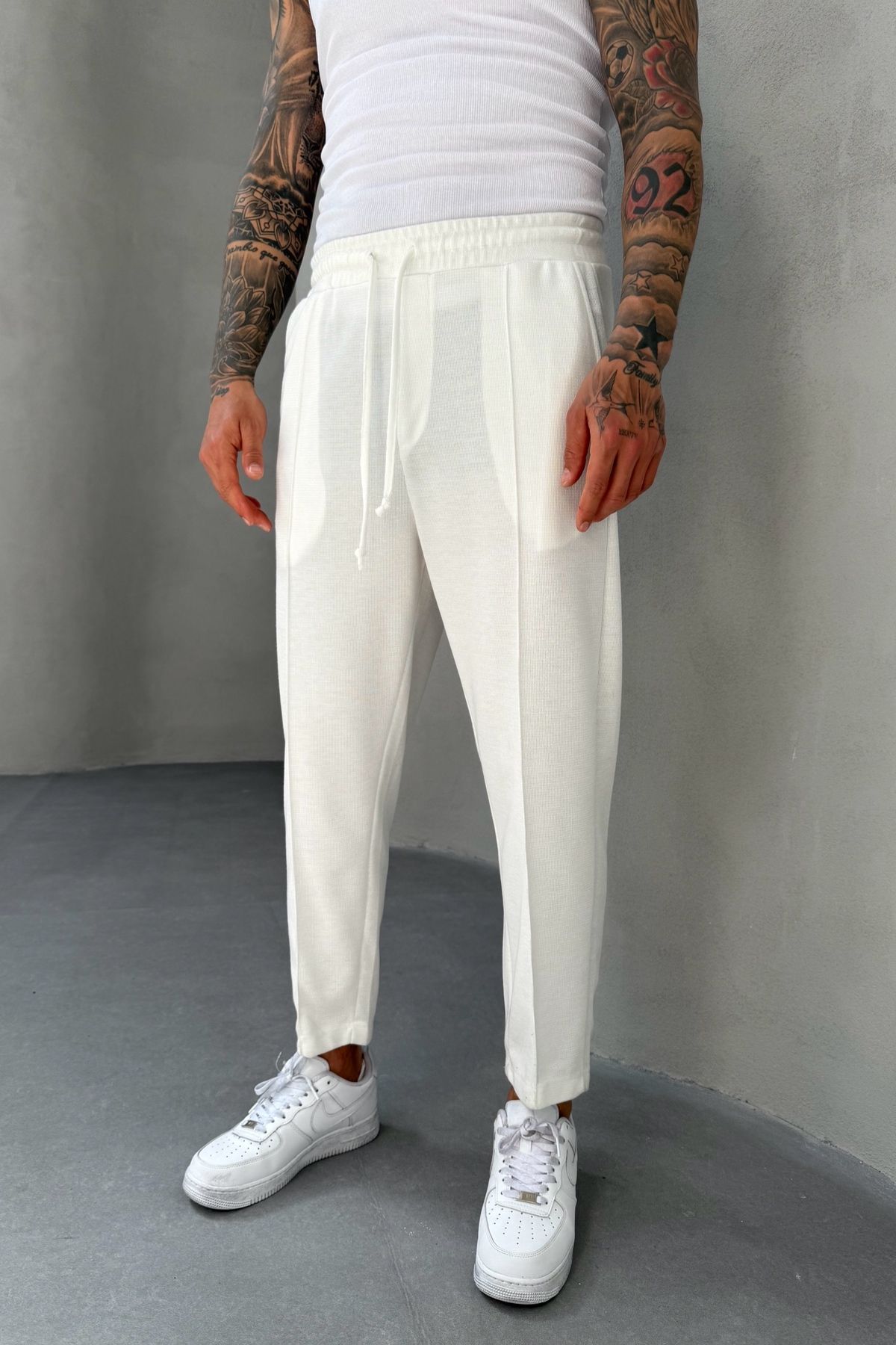 MADZEYMODA Waffle Kumaş Çima Detaylı Boyfriend Erkek Beyaz Jogger Pantolon Mz5036