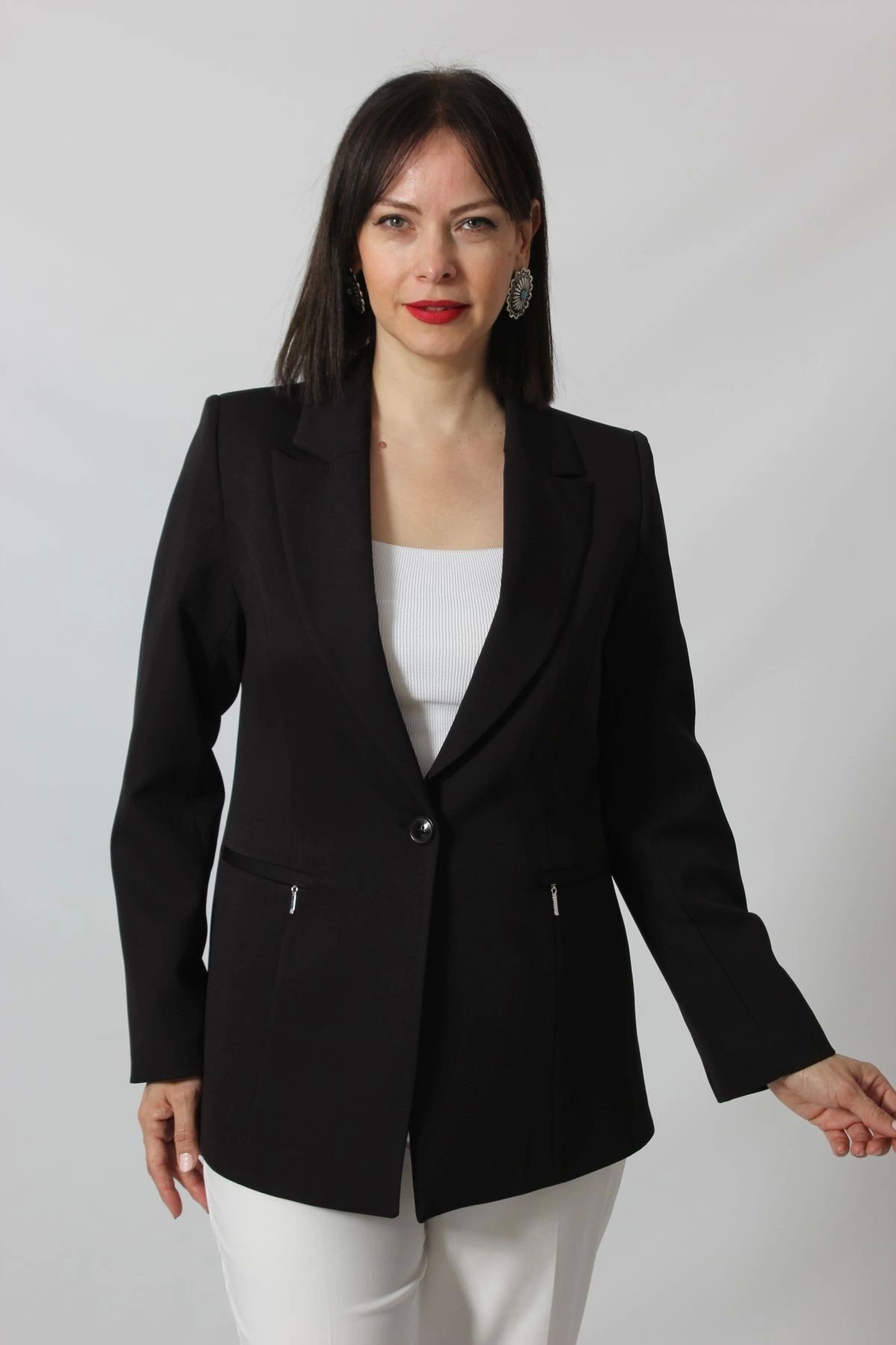 Moda Berray 1904 Siyah Fermuarlı Cep Aksesuarlı Kadın Büyük Beden Blazer Ceket