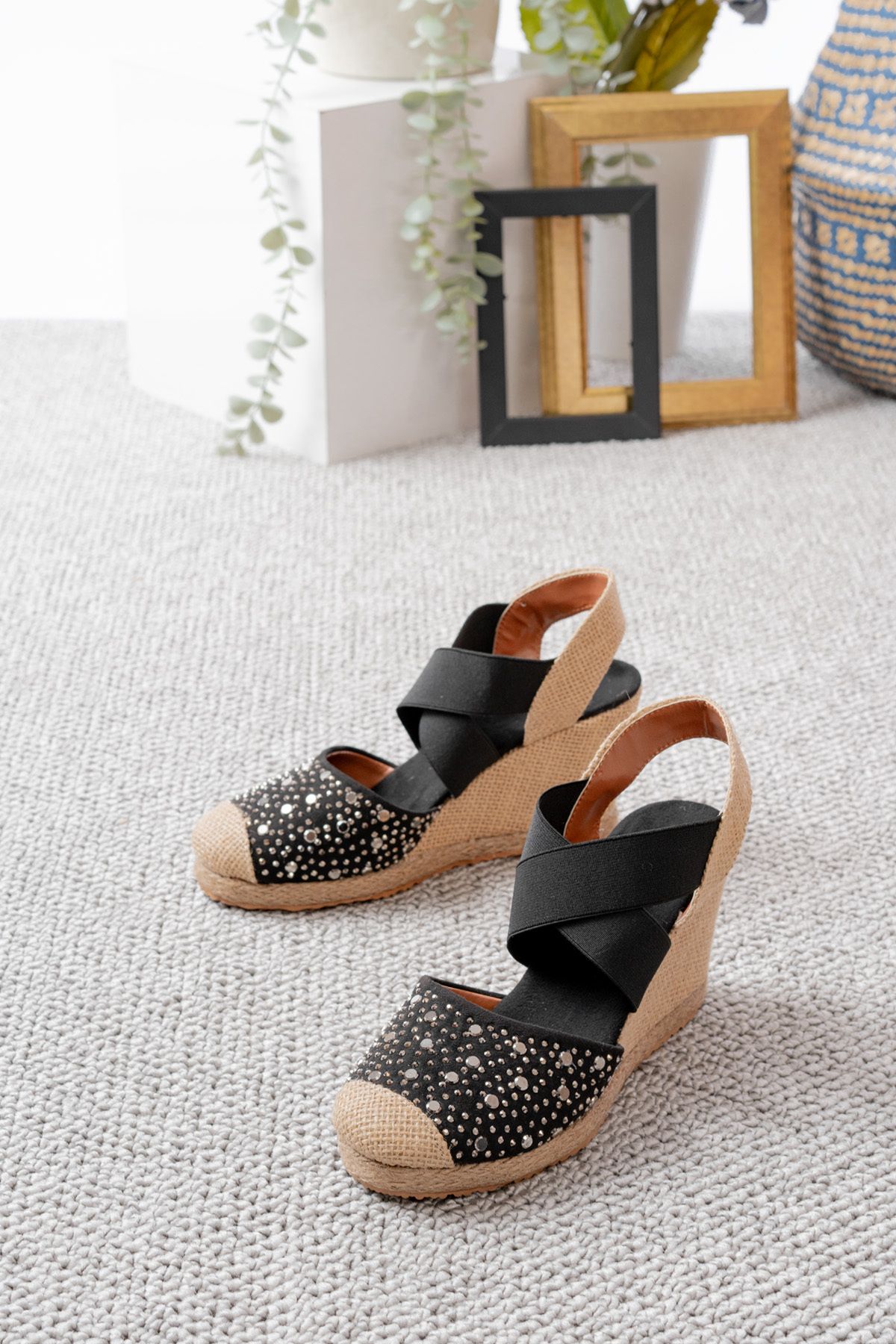 Egepass-Sole Di̇ Sabbia Espadrille Style Shoes with Straw Sole and Stone Detail in Beige and Black Color Wedge Heel 3