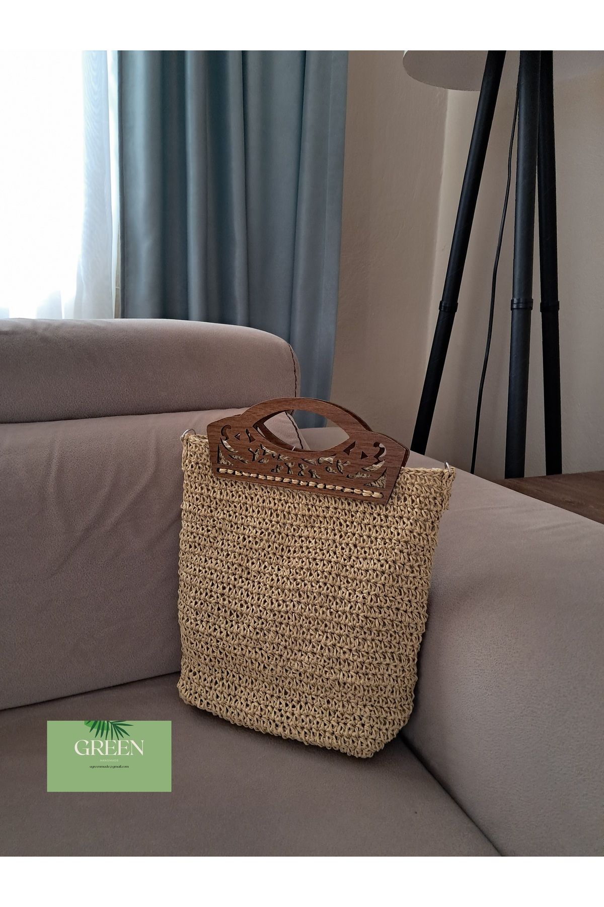 Green Ahşap saplı hasır çanta