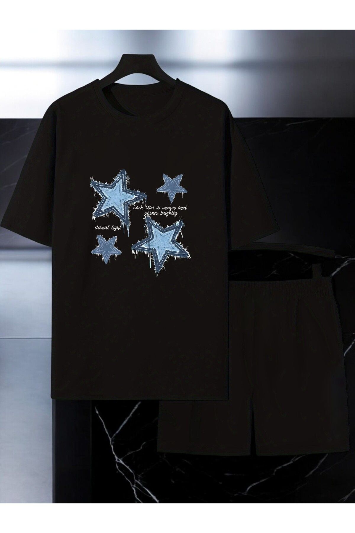 uyguntarz Unisex Yıldızlar Tasarım Basklı Tshirt Şort Takımı