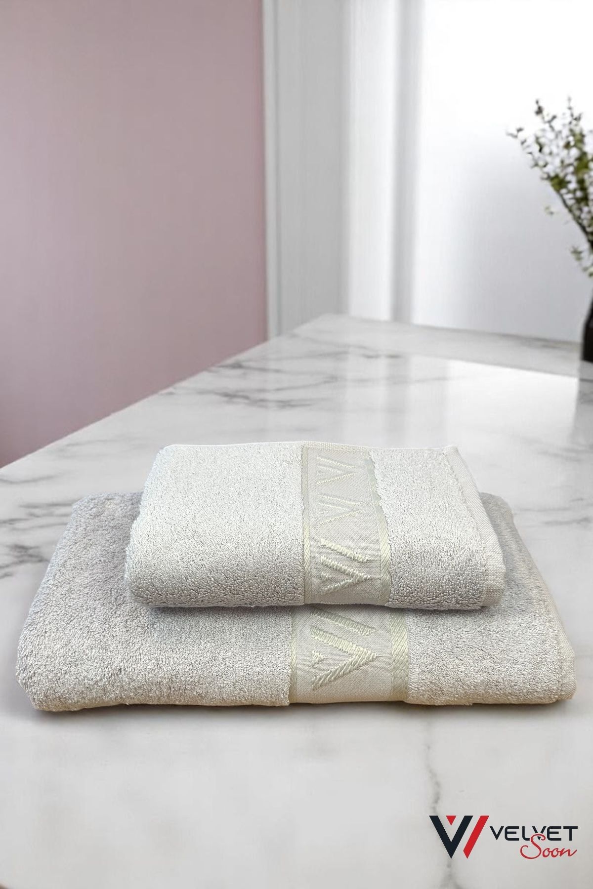 Velvet Soon Bambu Gri 2'li Takım V Desen Banyo Havlusu & El Ve Yüz Havlusu