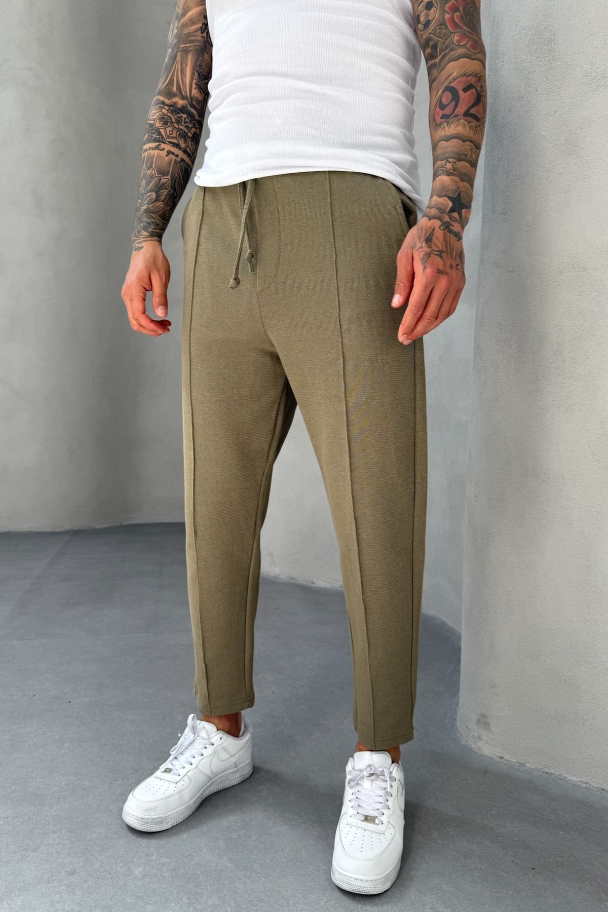 MADZEYMODA Waffle Kumaş Çima Detaylı Boyfriend Erkek Haki Jogger Pantolon Mz5036