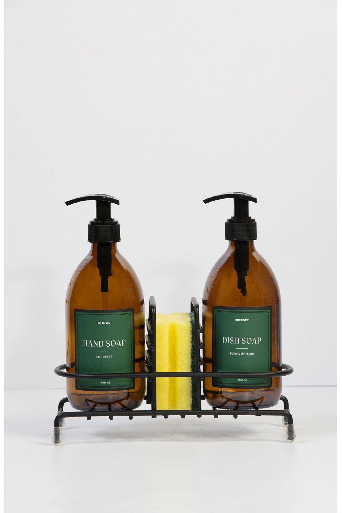 homence Tel Standlı Sıvı Sabun Bulaşık Deterjanı Yeşil Etiketli Amber Cam Sabunluk - 500 ml