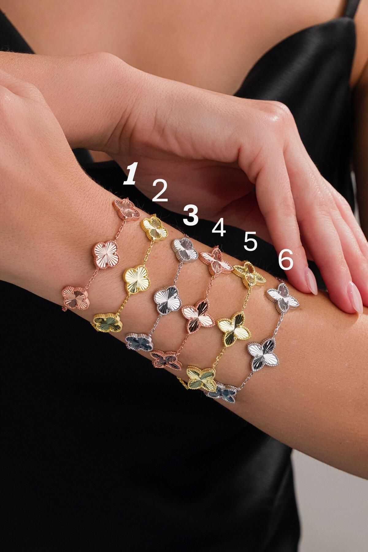 Tmt Silver Gümüş Üçlü Yonca Çiçek Rose Gold ve Altın Kaplama Kalemli Lazer İşlemeli Taşsız Bileklik