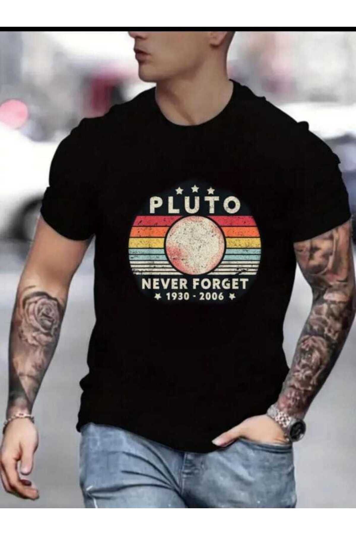 İnazuma Outdoors Unisex Oversize Baskılı Pamuklu Bisiklet Yaka Kısa Kollu SİYAH T-shirt PLUTO