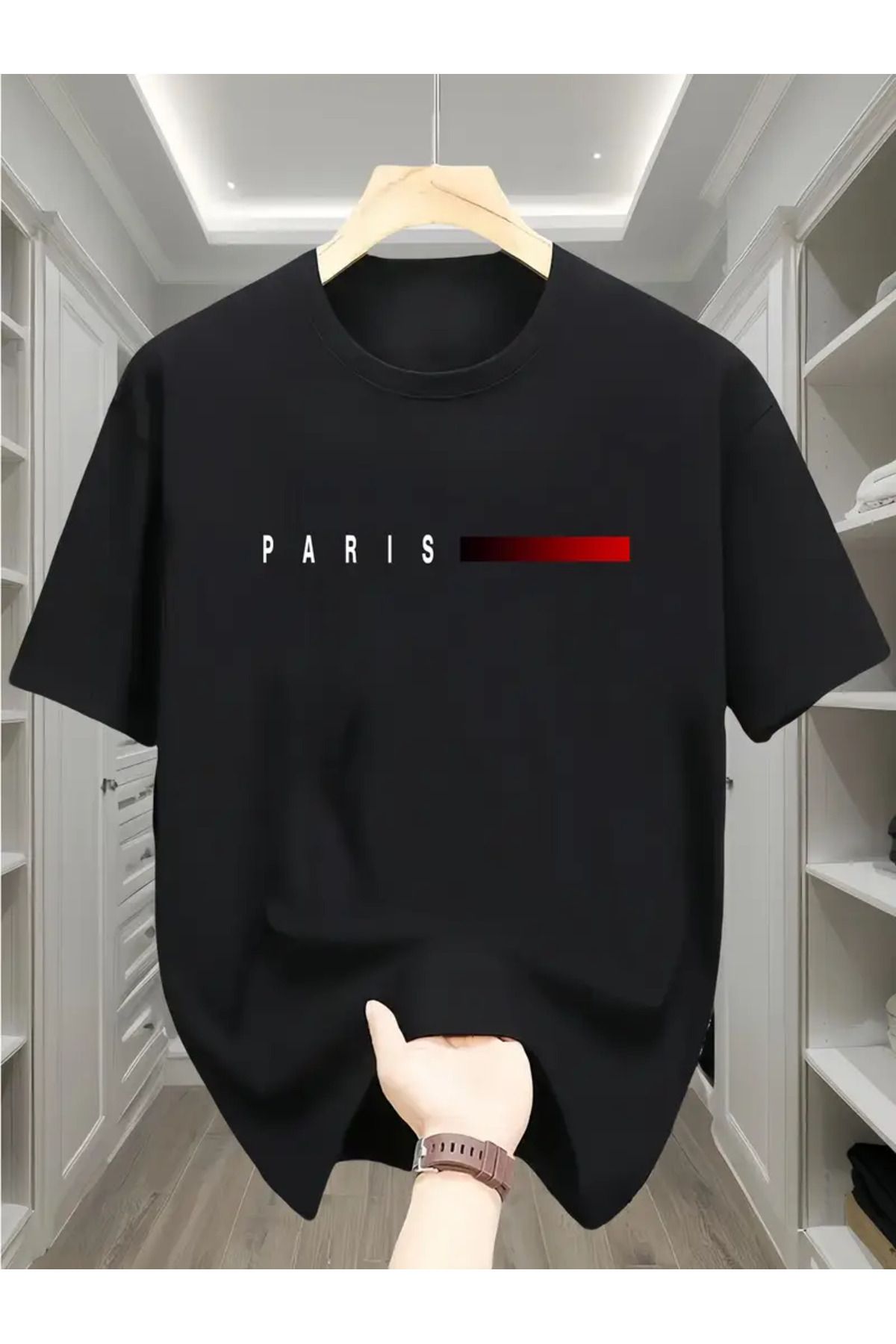 İnazuma Outdoors Unisex Oversize Baskılı Pamuklu Bisiklet Yaka Kısa Kollu SİYAH T-shirt Paris Kırmızı