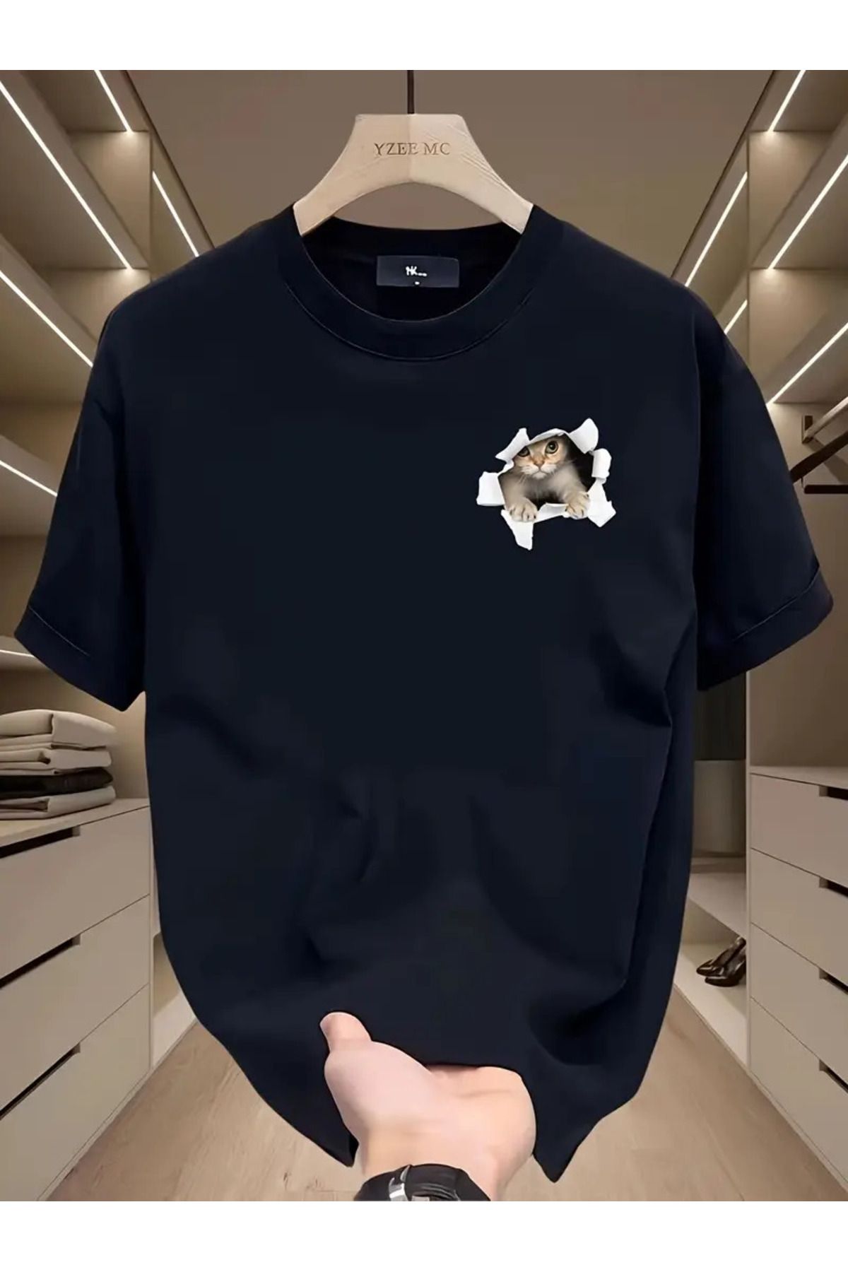 İnazuma Outdoors Unisex Oversize Baskılı Pamuklu Bisiklet Yaka Kısa Kollu SİYAH T-shirt Yırtık Kedi