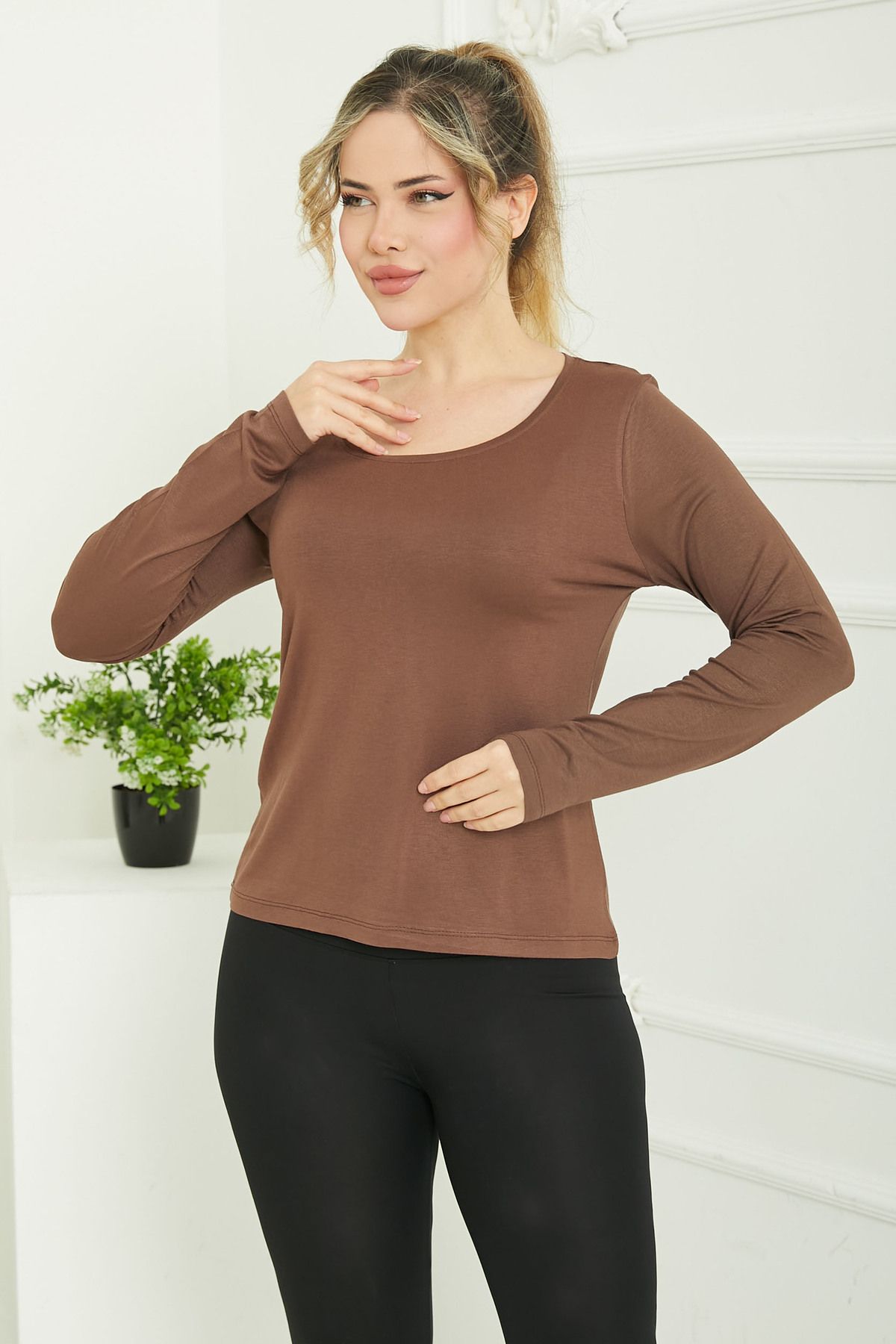 TOFİSA Kare Yaka Viskon Badi Kahve - 26824