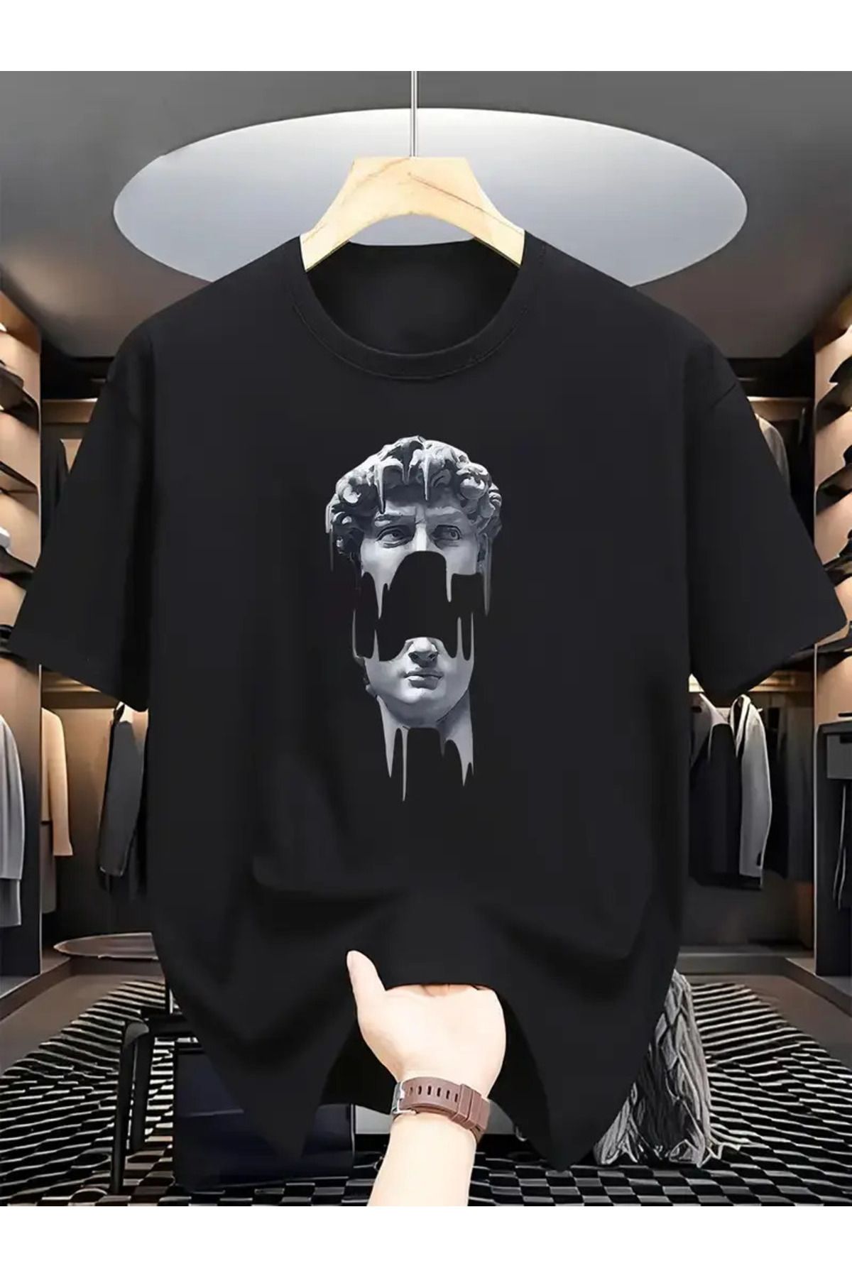 İnazuma Outdoors Unisex Oversize Baskılı Pamuklu Bisiklet Yaka Kısa Kollu SİYAH T-shirt Kişilik Portresi