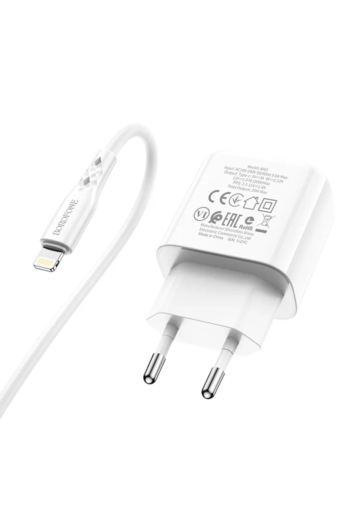 Borofone-Încărcător Bn3 Premium 20w, 1 cablu USB tip C cu încărcare rapidă, 1 cablu Lightning - Alb 4