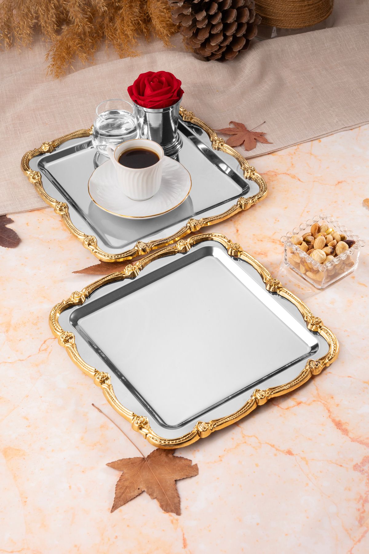 NEWTREND Züccaciye 2'li lüx Gold Döküm Gül Çerçeveli Gümüş Kare Nişan,Çeyiz,Kahve,Çay Sunum servis Tepsisi