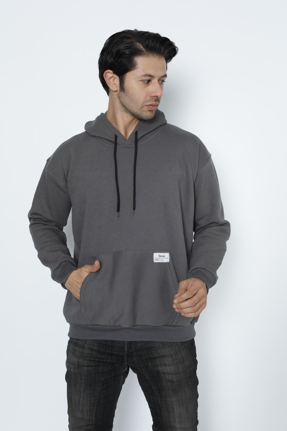 Focus Oversize Baskısız Basic Oversize Kapüşonlu Sweatshirt