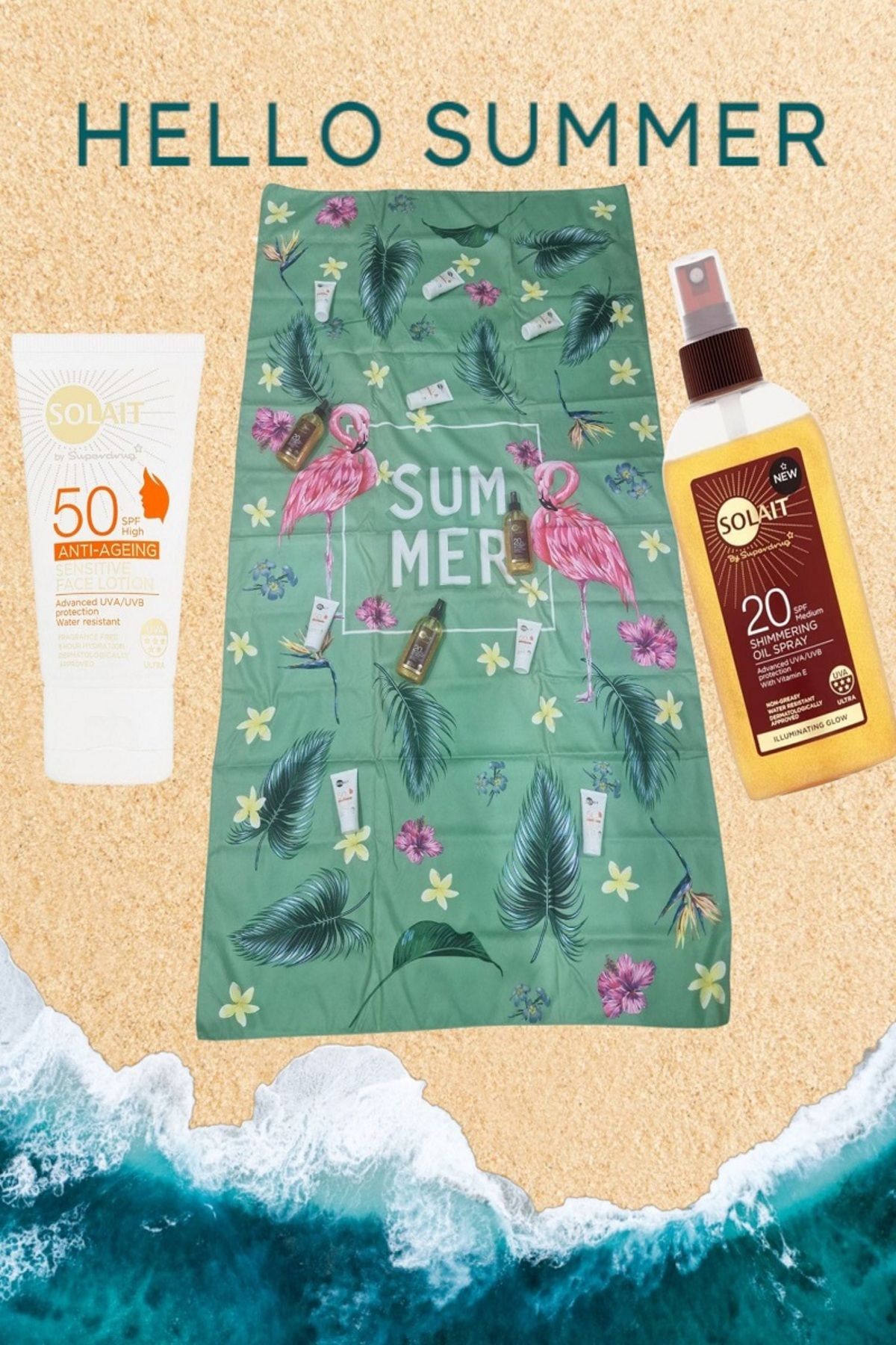 Solait Deniz Body Yağ Spf 20 -200 Ml+Hassas Ciltler İçin Yüz Güneş Kremi SPF50- 50 ml+Fiber Plaj Havlu SET
