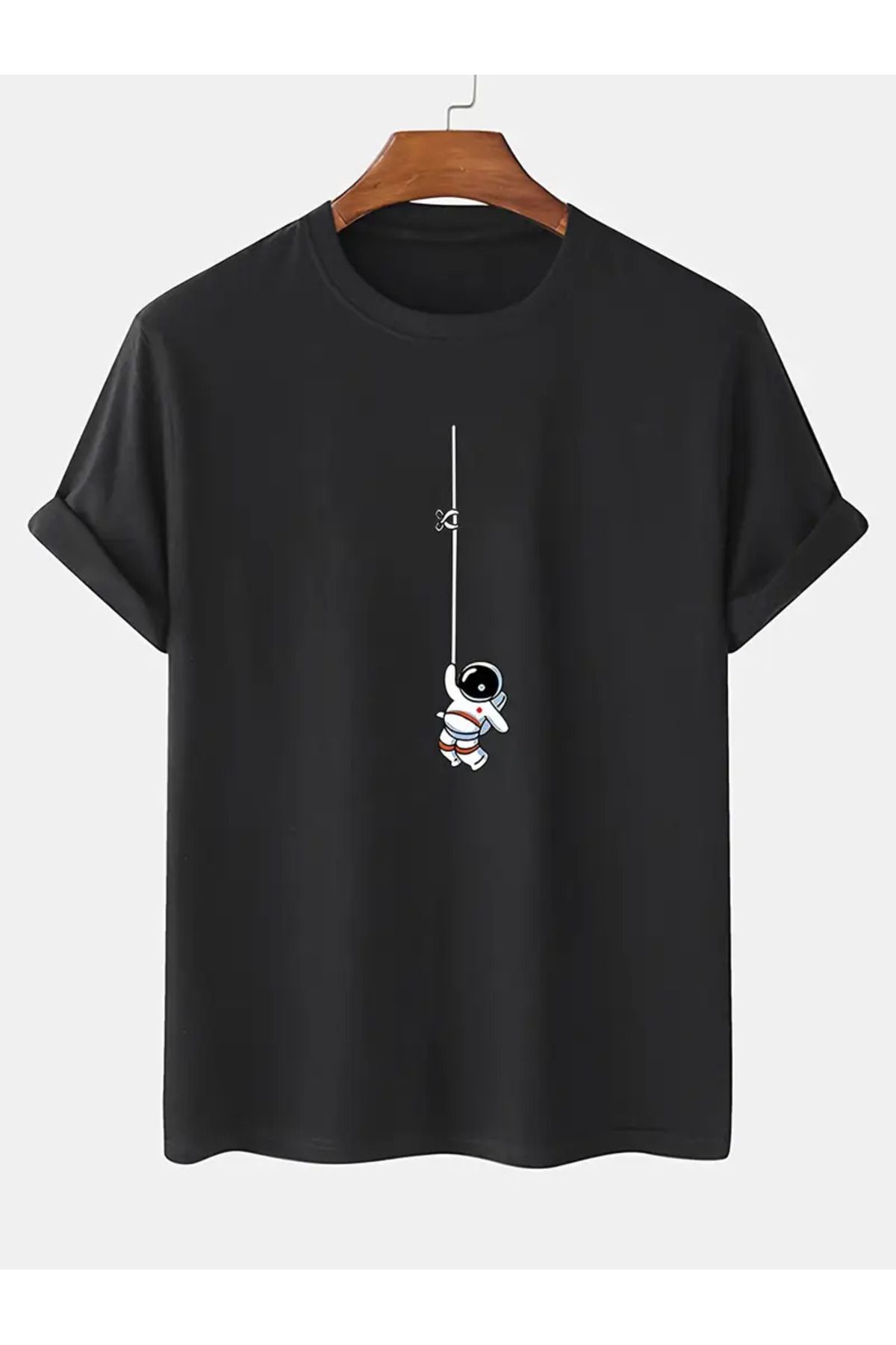 İnazuma Outdoors Unisex Oversize Baskılı Pamuklu Bisiklet Yaka Kısa Kollu SİYAH T-shirt Sallanan Astronot
