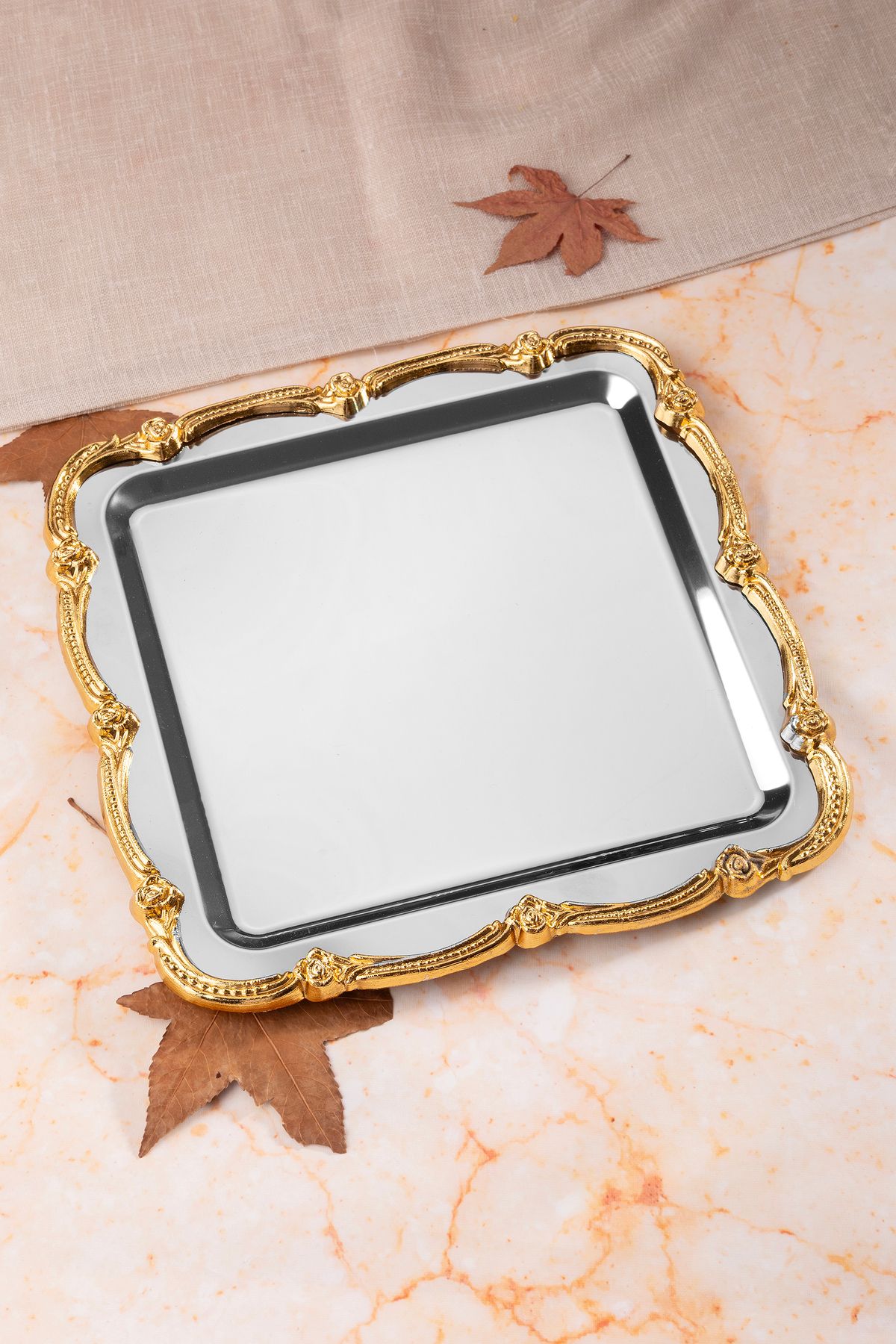 NEWTREND Züccaciye 1 lüx Gold Döküm Gül Çerçeveli Gümüş Kare Nişan,Çeyiz,Kahve,Çay Sunum servis Tepsisi