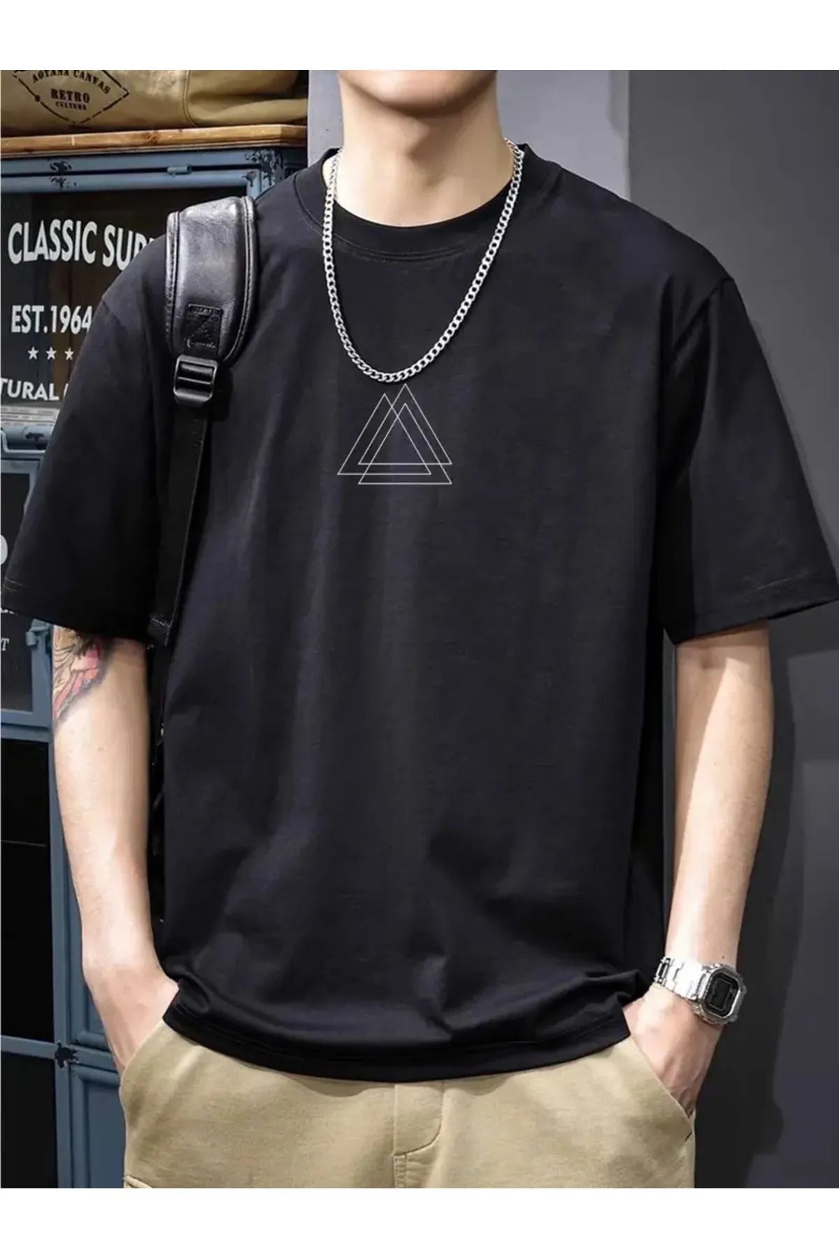 İnazuma Outdoors Unisex Oversize Baskılı Pamuklu Bisiklet Yaka Kısa Kollu SİYAH T-shirt İç İçe Üçgen