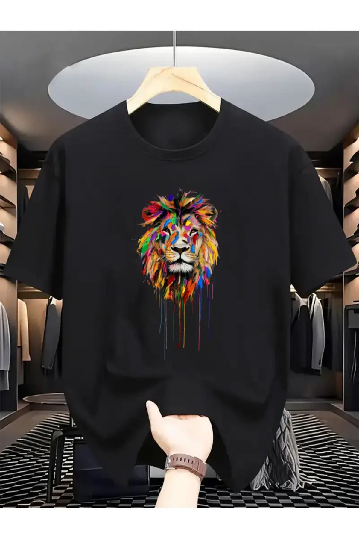 İnazuma Outdoors Unisex Oversize Baskılı Pamuklu Bisiklet Yaka Kısa Kollu SİYAH T-shirt Renkli Aslan
