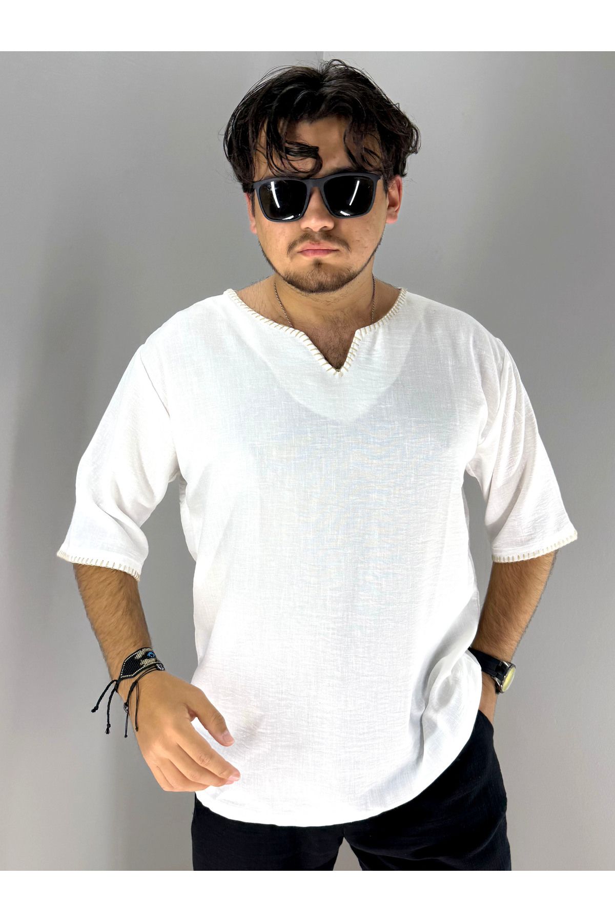 MARESHAL El İşi Kroşata Armut Yaka ve Kol Detaylı Oversize T-Shirt (Beyaz)