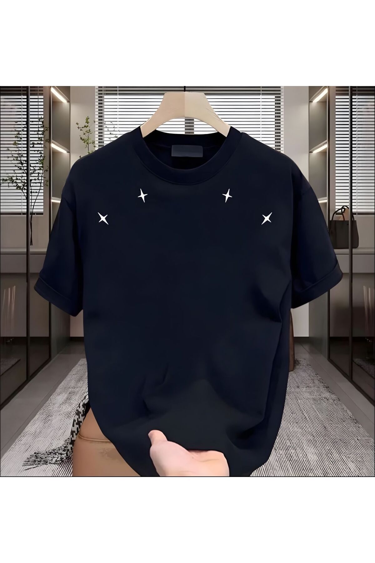 İnazuma Outdoors Unisex Oversize Baskılı Pamuklu Bisiklet Yaka Kısa Kollu SİYAH T-shirt Dört Yıldız