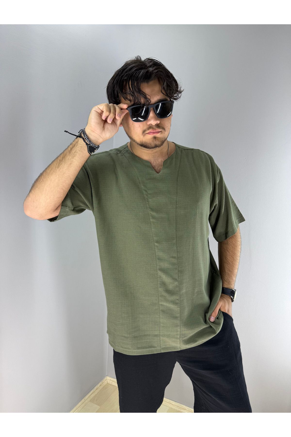 MARESHAL Armut Yaka Keten T-Shirt (Yeşil)