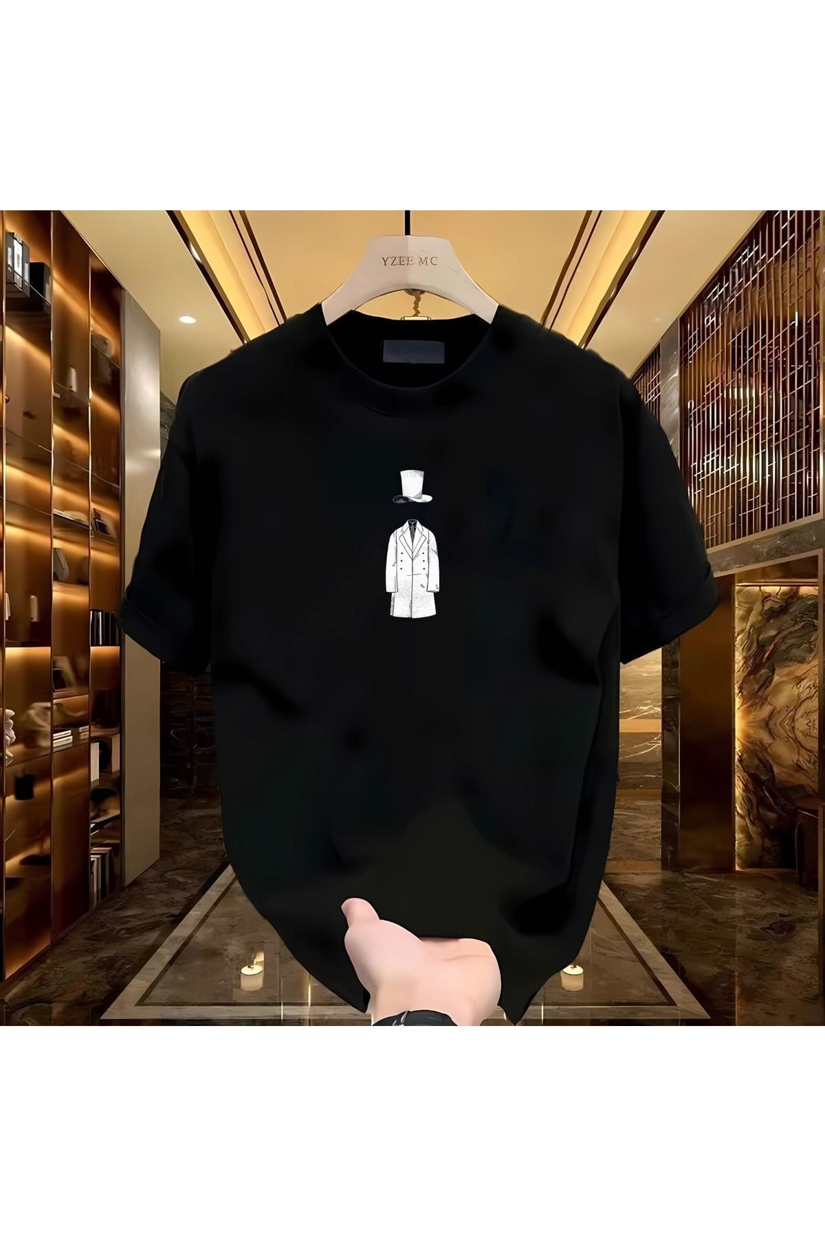 İnazuma Outdoors Unisex Oversize Baskılı Pamuklu Bisiklet Yaka Kısa Kollu SİYAH T-shirt Şapkalı Adam