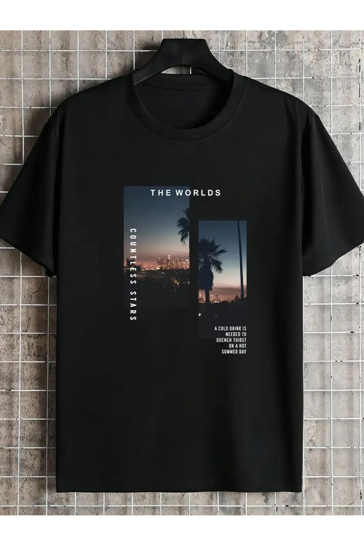 İnazuma Outdoors Unisex Oversize Baskılı Pamuklu Bisiklet Yaka Kısa Kollu SİYAH T-shirt THE WORLDS Manzara