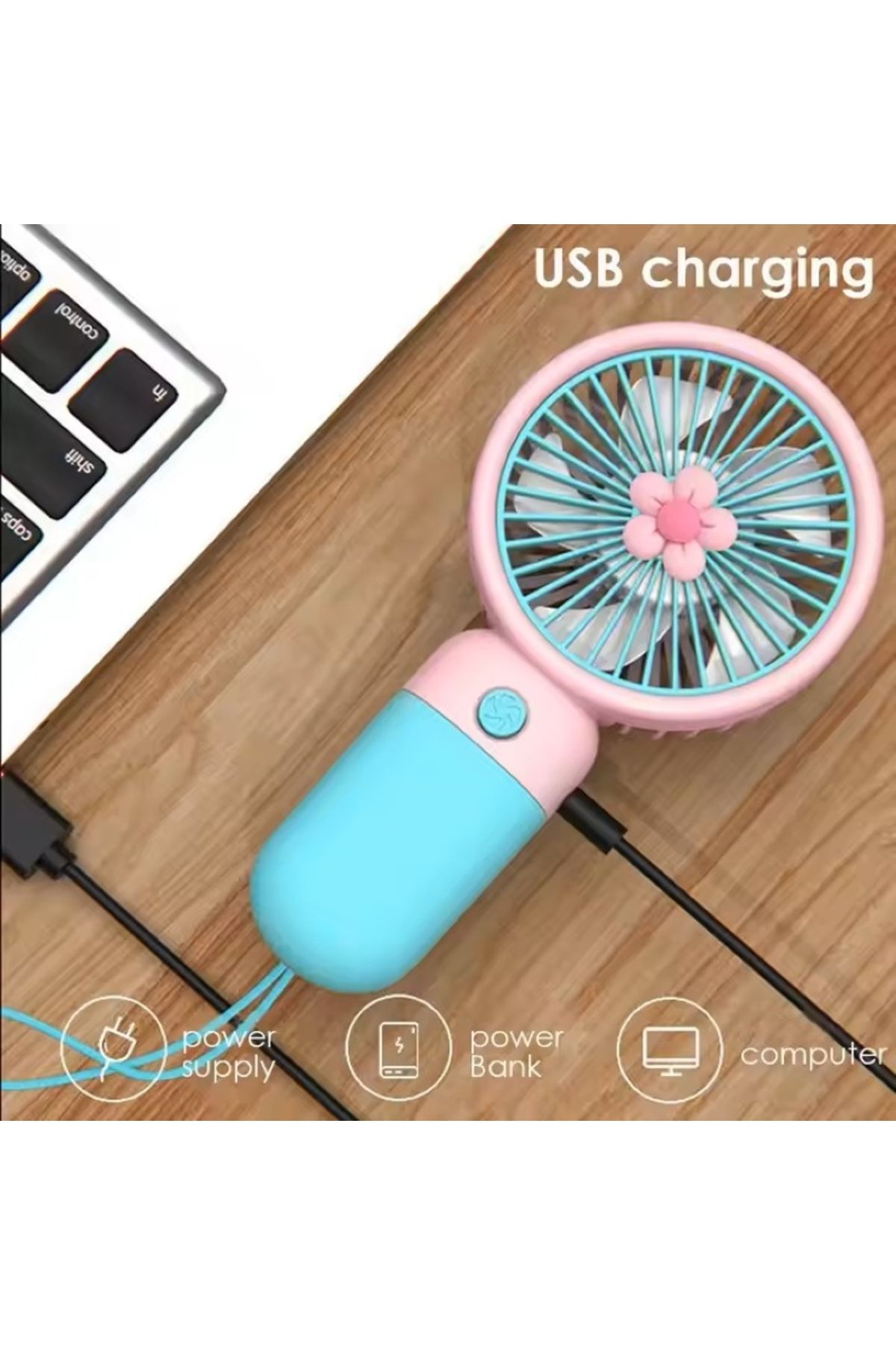 GÜLGÜZ Renkli Mini El Fanı Taşınabilir İpli Şarjlı Vantilatör