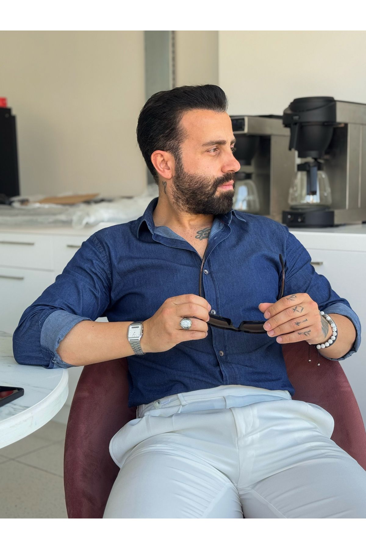 mkstoreluxury Slim Fit Pamuklu Denim Kot Gömlek
