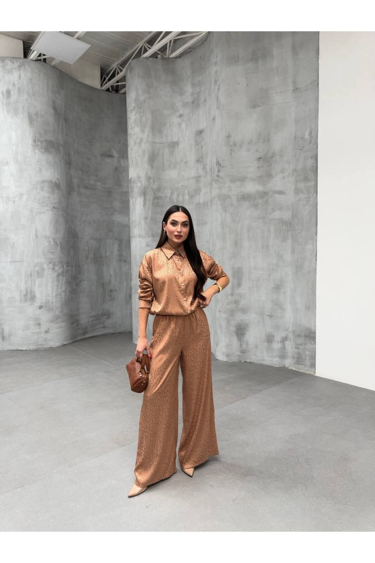 kalben outlet Bohem Esintilerle Şıklık Jakarlı Oversize Gömlek & Pantolon Takım