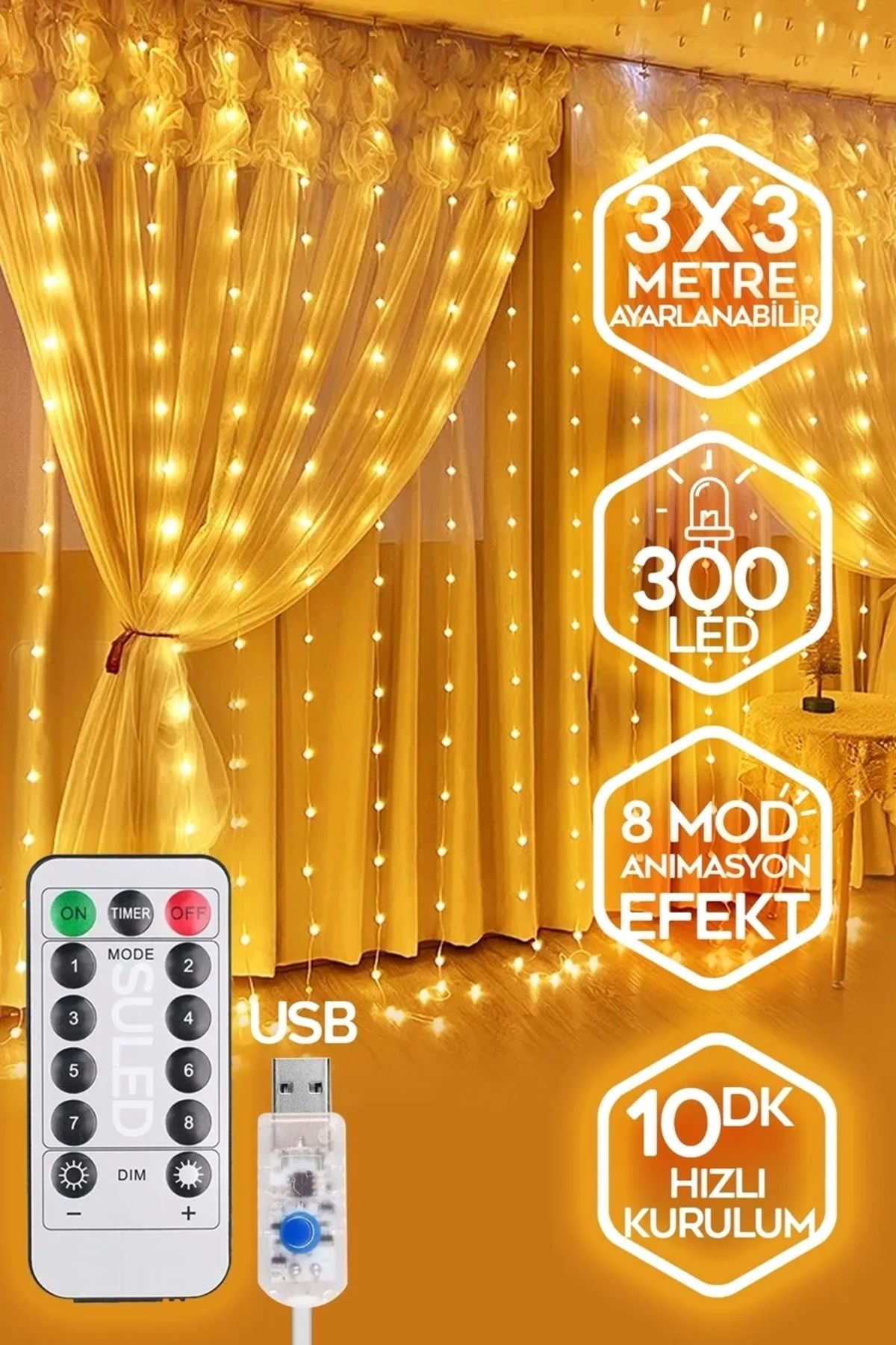 Vothoon 300 Ledli 10 Saçaklı Sarı Led Kumandalı 8 Modlu Perde Led Peri Mutfak Işık Dekoratif Lamba