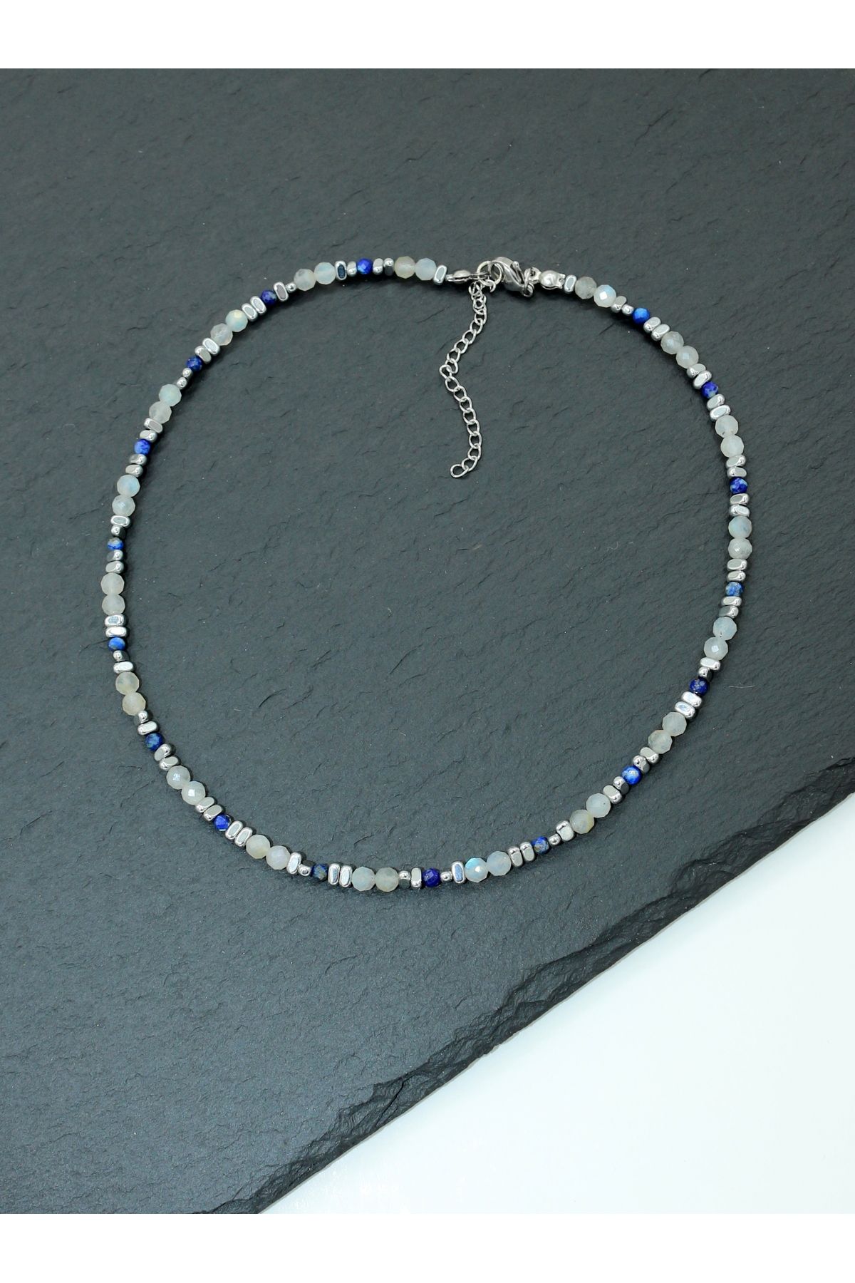 Yelda's Labradorit, Lapis Lazuli ve Hematit Doğal Taşlı Çelik Kadın Kolye - 25KK013