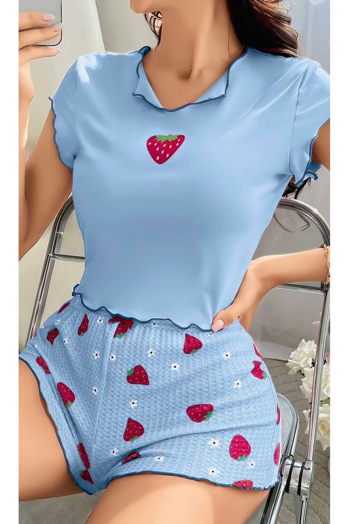 GİVARO -kadın desenli kısa kollu şortlu pijama takımı