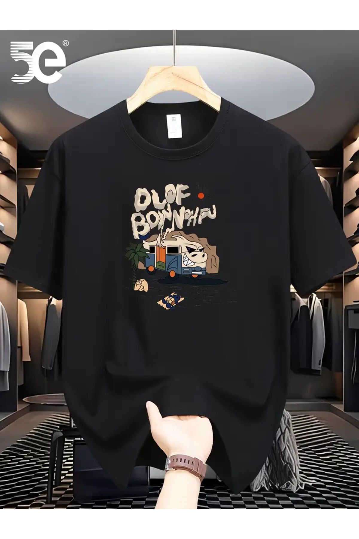 İnazuma Outdoors Unisex Oversize Baskılı Pamuklu Bisiklet Yaka Kısa Kollu SİYAH T-shirt DLOF BONNHEU Karavan