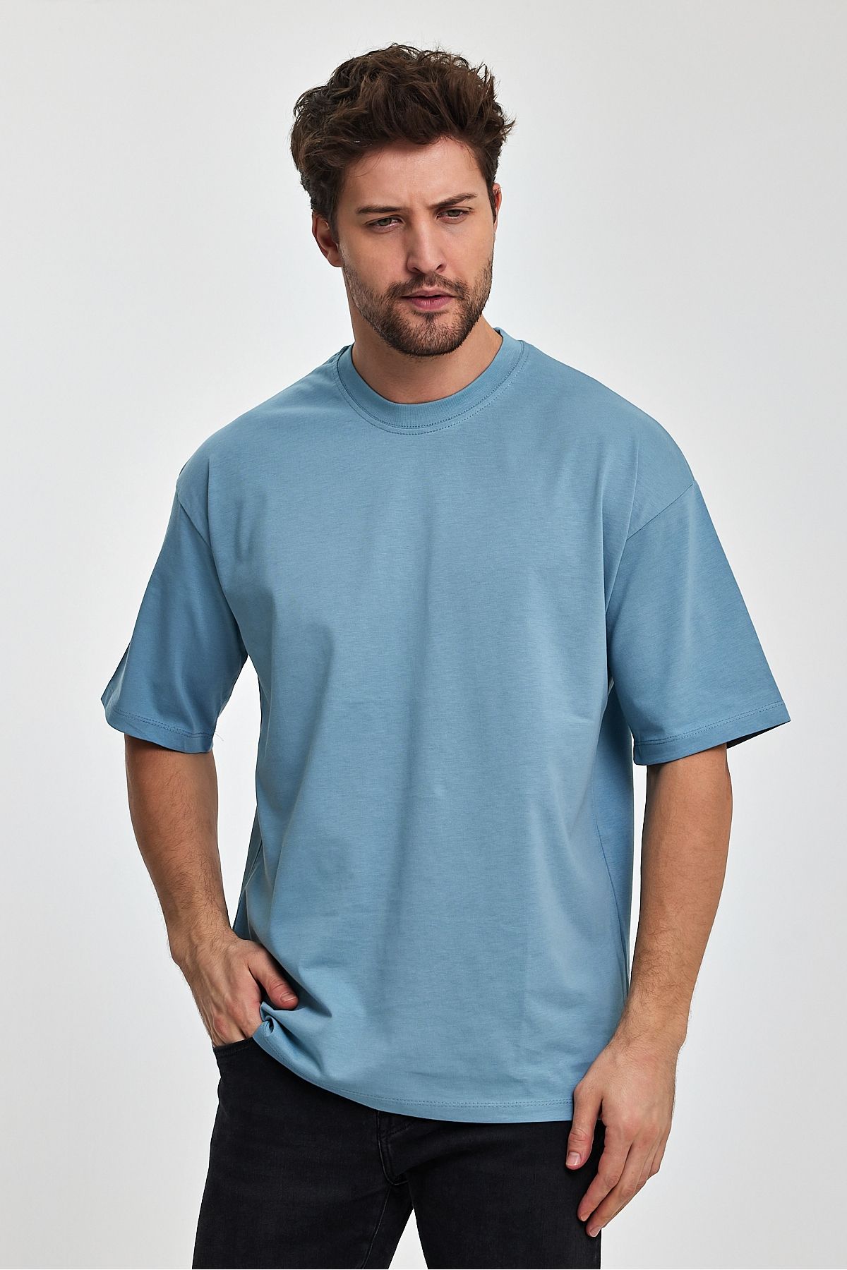 COMBİNE MİCHAİL Erkek %100 Organik Pamuklu Kalın Dokulu Comfort Fit Bisiklet Yakalı Mavi T-shirt